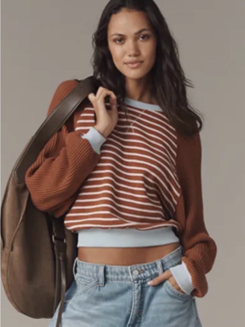 Pilcro The Niki Knit-Sleeve Bubble Sweatshirt Striped